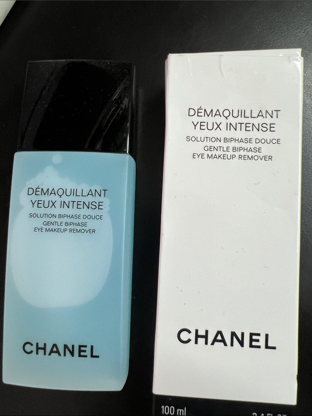 CHANEL Gentle Biphase Eye Makeup Remover - Black Cap, Light Blue Bottle